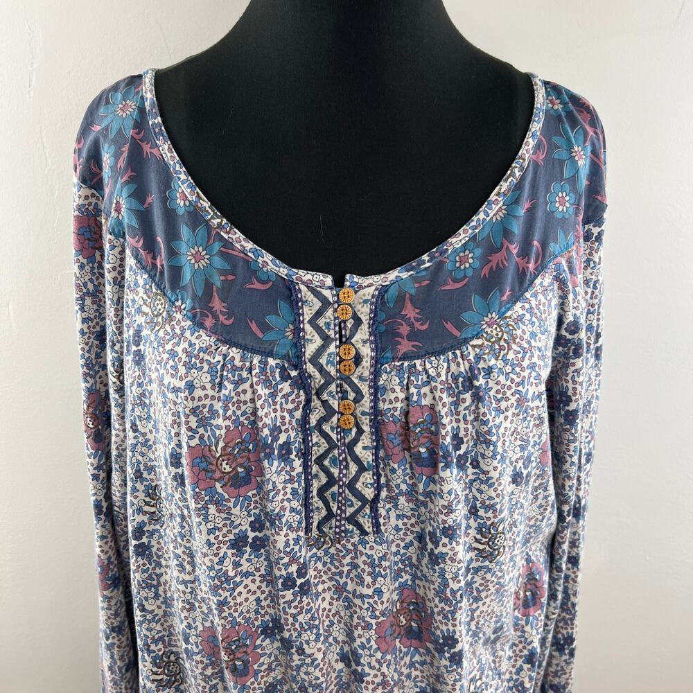 Vintage LUCKY Brand Blouse Cotton Rose Floral Scoop Neck Ruffle Hem Size XL - Picture 3 of 9